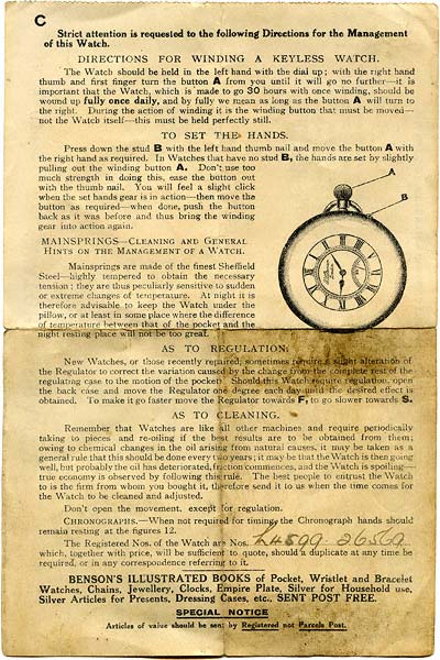 J. W. Benson Pocket Watch Directions