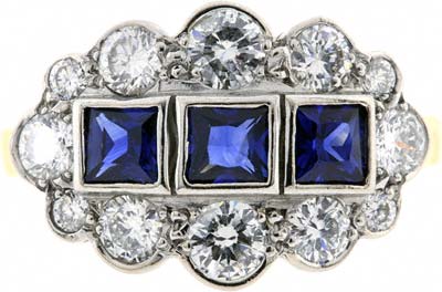 Triple Row Sapphire and Diamond Cluster Ring with Scalloped Edges