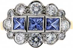 Triple Row Ceylon Sapphire and Diamond Cluster Ring 