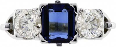 Octagonal Sapphire & Diamond Three Stone Ring with Fancy Shoulders