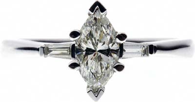 Second Hand Marquise Shaped Solitaire with Baguette Shoulder Stones
