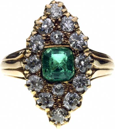 Second Hand Marquise Shaped Emerald and Diamond Cluster