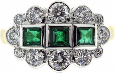 Triple Row Emerald and Diamond Cluster Ring with Scalloped Edges