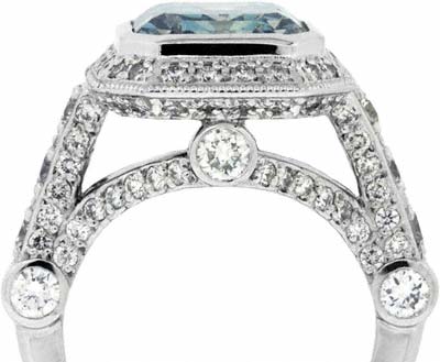 Emerald Cut Enhanced Blue Diamond Art Deco Style Ring in Platinum
