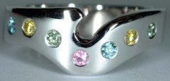 18 Carat White Gold Custom Shaped Band with Multi Coloured Dimaonds