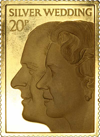 1972 Royal Silver Wedding Twenty Pence Stamp Replica in Gold
