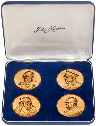 Winston Churchill John Pinches Antique Finish Gold Plated Silver Medallion Set