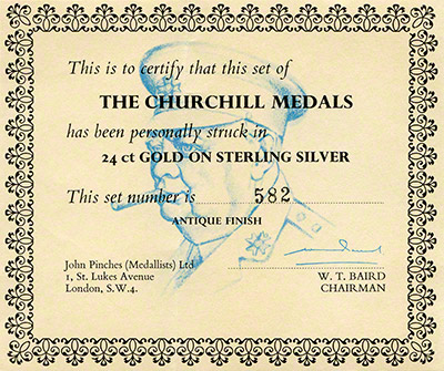 Winston Churchill Antique Finish Gold Plated Silver Medallion Set Certificate